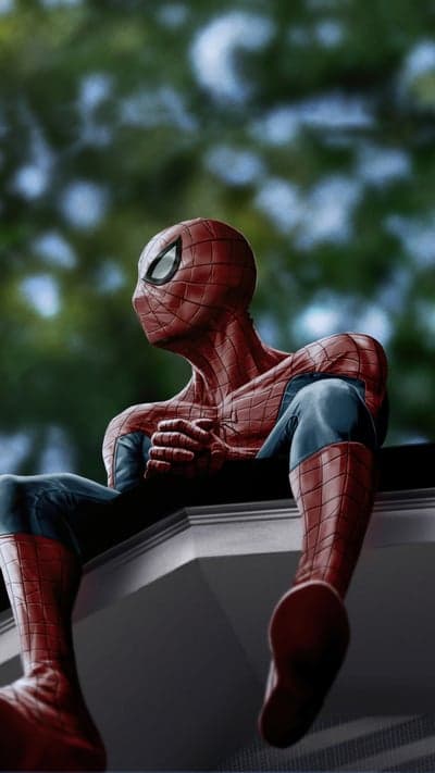 Spider-Man contemplative pose on rooftop