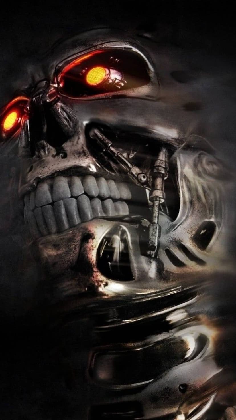 Metallic terminator skull with glowing red eyes and exposed gears set against a dark atmospheric background.