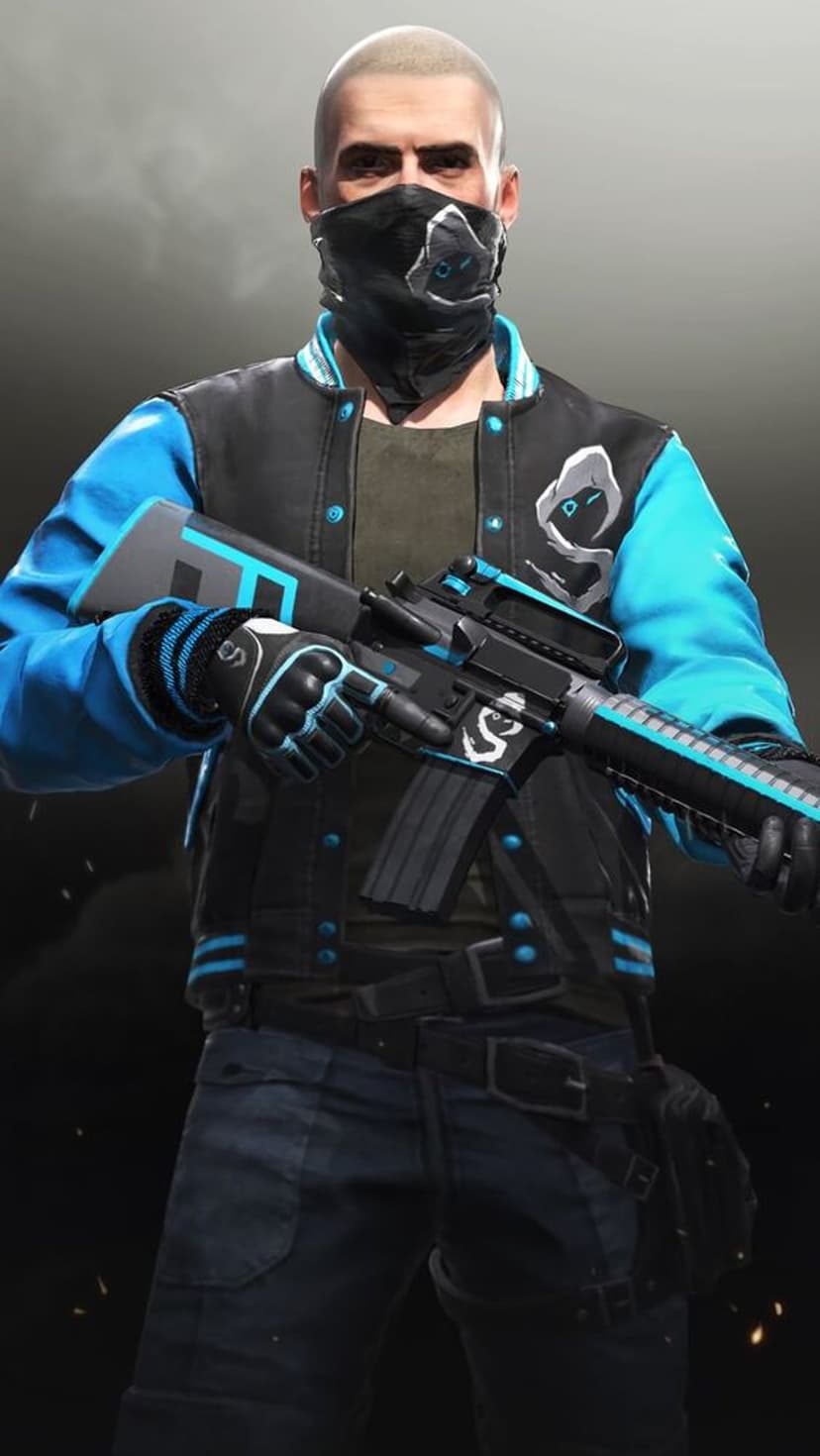 Masked gamer in a blue and black jacket holds a tactical rifle amidst gray smoke and orange sparks.