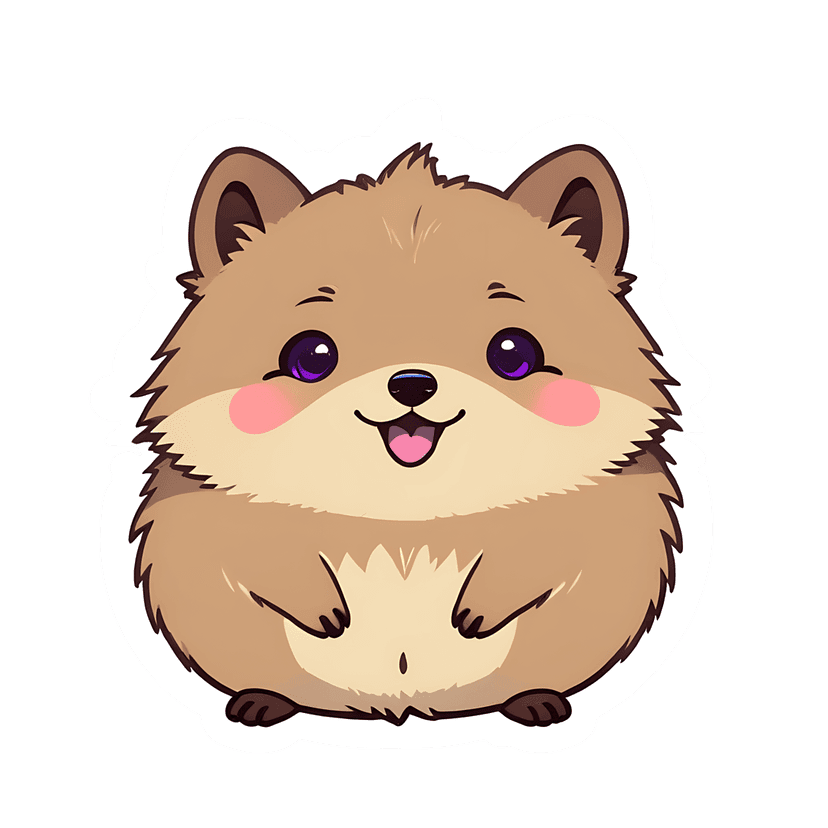 Brown hamster sticker illustration with fluffy fur, purple eyes, and white border in a front-facing pose.