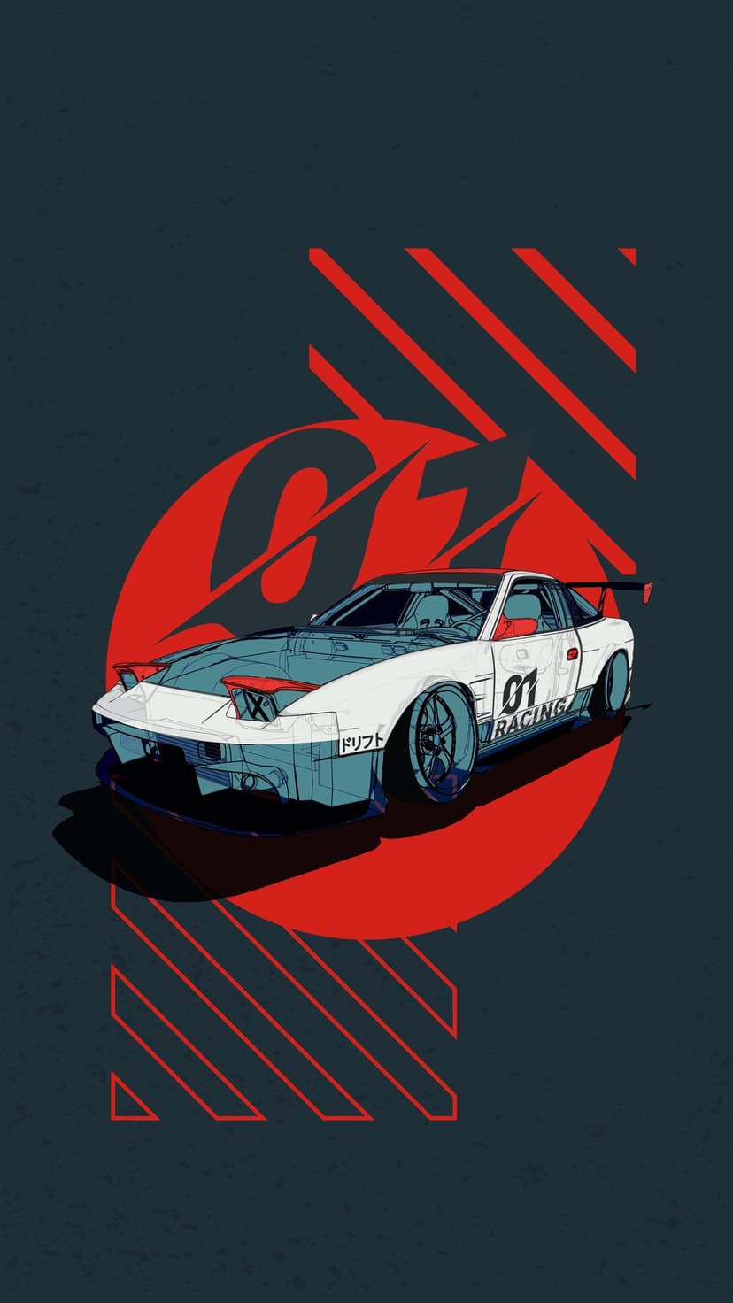 White and blue drifting sports car angled against a red sun and abstract stripes on a dark textured background.