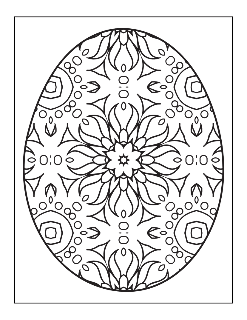 Detailed mandala Easter egg outline featuring symmetrical floral patterns and geometric shapes in black ink.