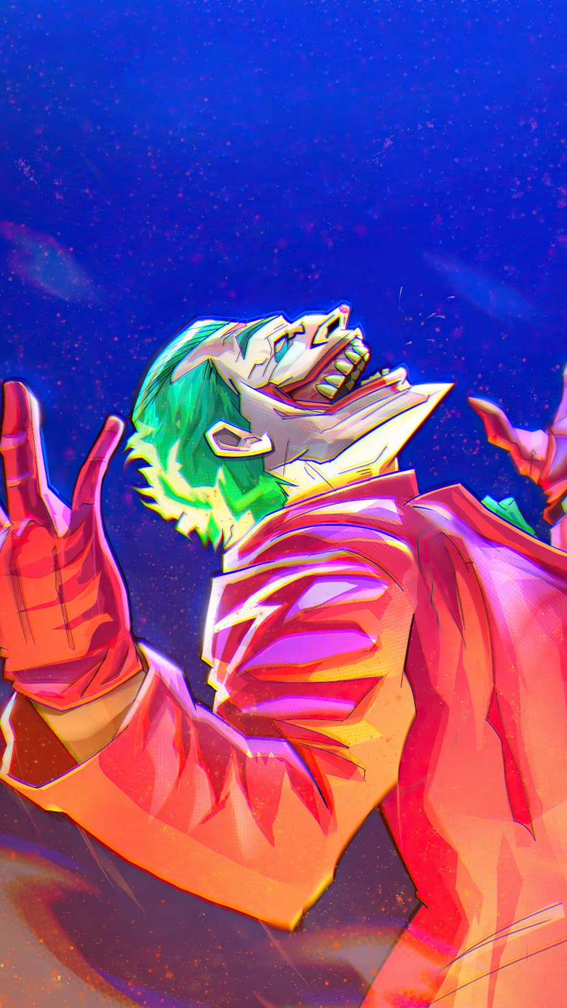 Joker with green hair and a red suit laughs maniacally against a star-filled purple and blue cosmic background.