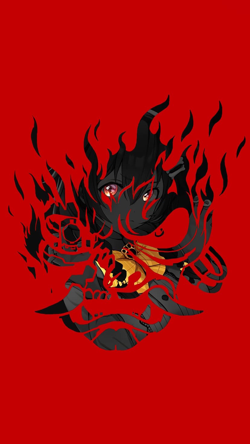 Dark shadowy figure with glowing red eyes stands amidst swirling black flames against a vivid crimson backdrop.