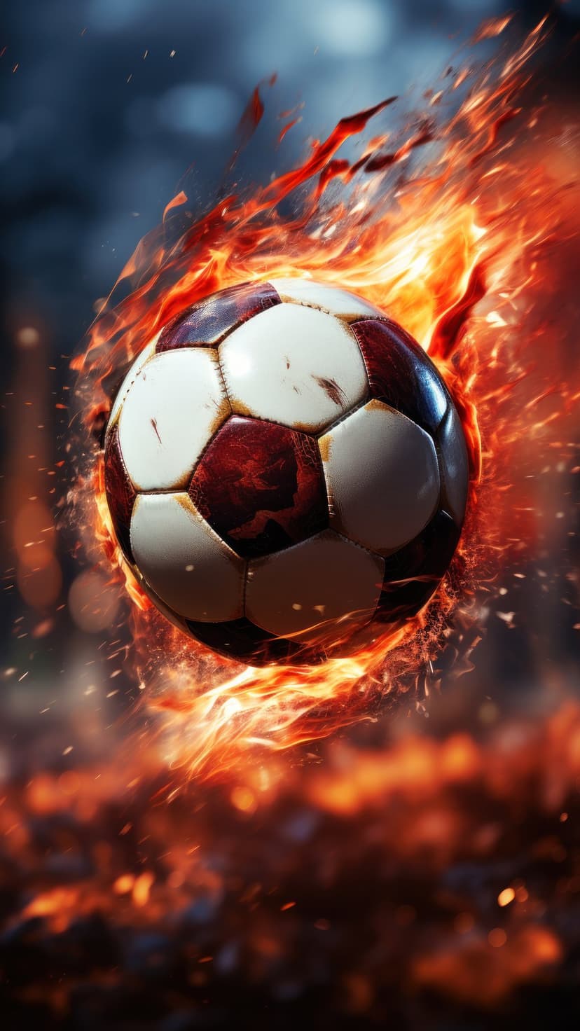 Soccer ball engulfed in bright orange flames and flying sparks against a dark background with charred textures.
