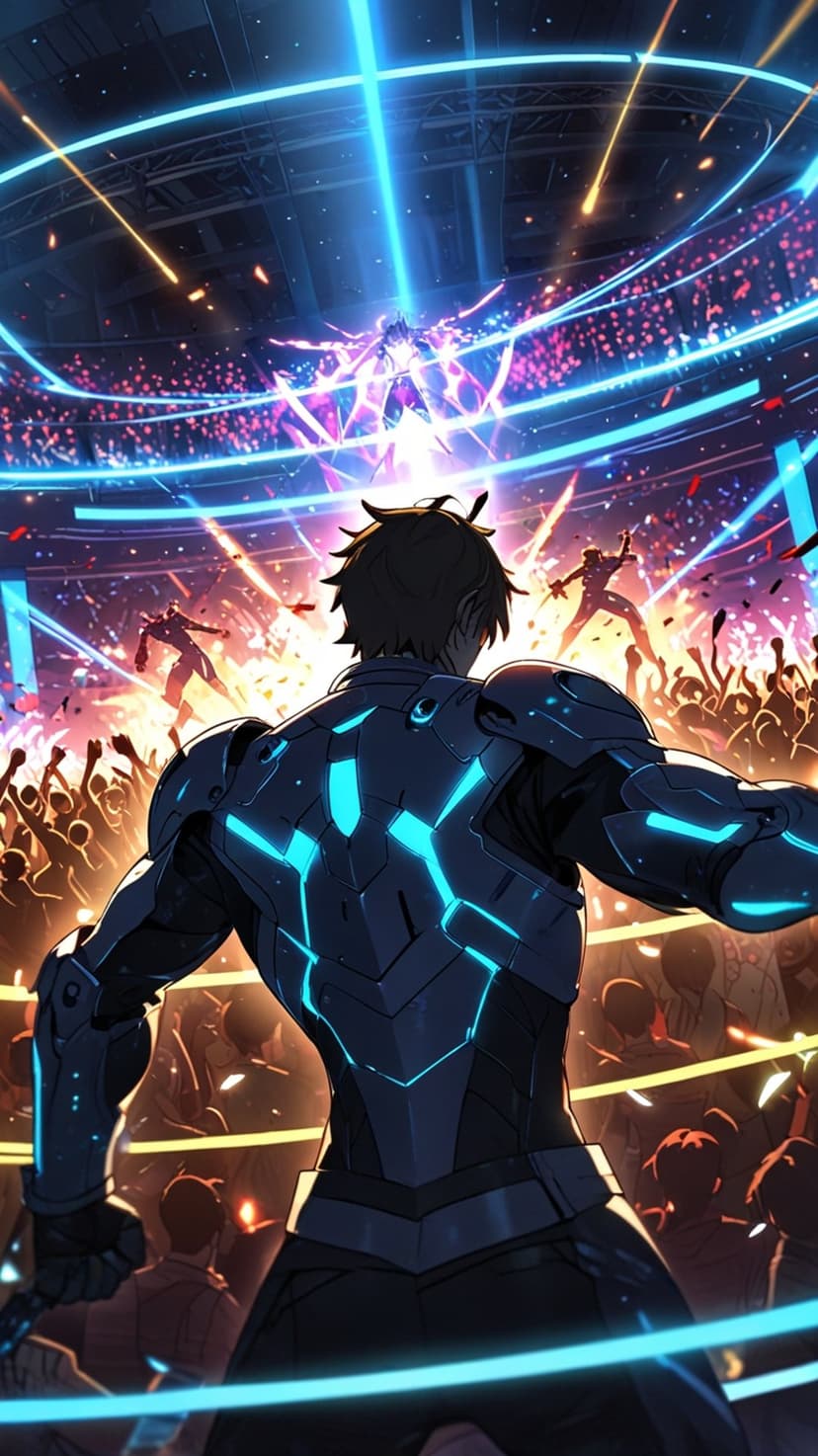 Mech warrior in glowing blue armor faces a fiery stadium with light beams and explosions in a vertical view.
