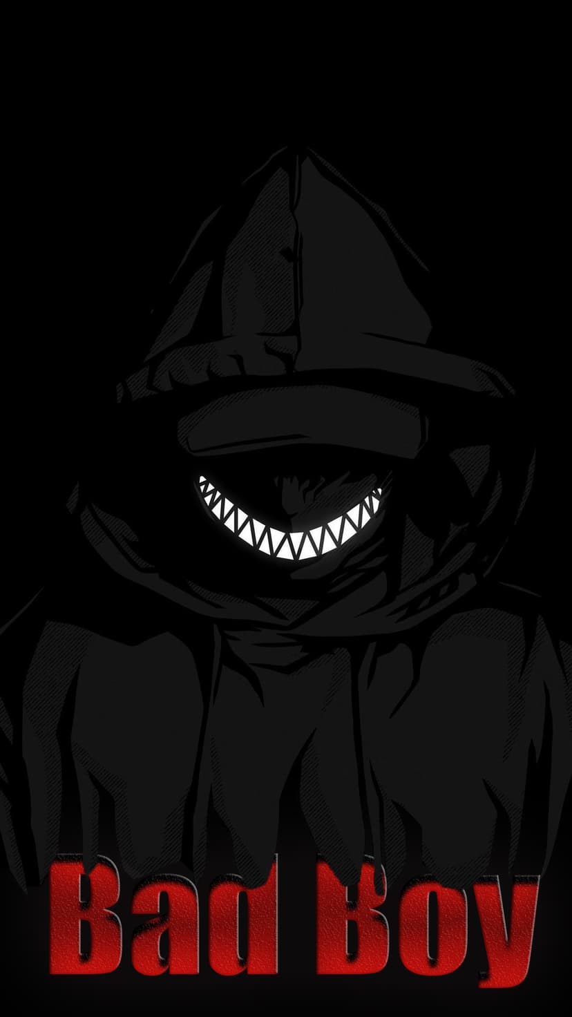 Hooded shadow figure with a glowing sharp-toothed grin above red Bad Boy text on a black background.