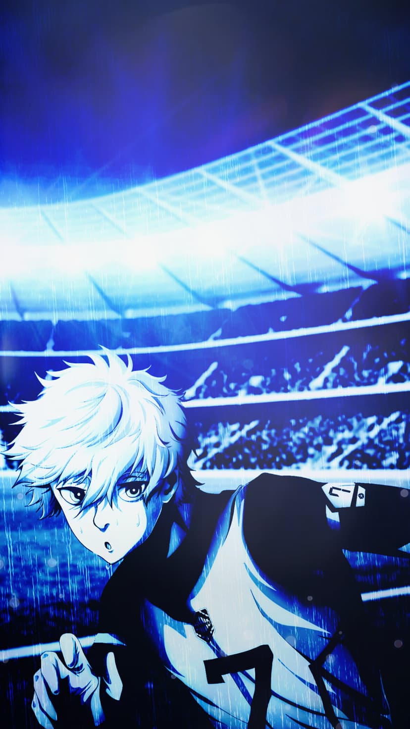 White-haired soccer player sprints across a rain-slicked stadium field illuminated by neon blue lights at night.
