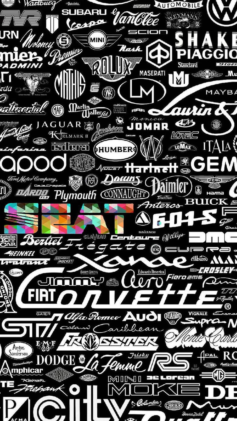 Car logos and automotive badges clustered together on a solid black backdrop in a vertical portrait layout.