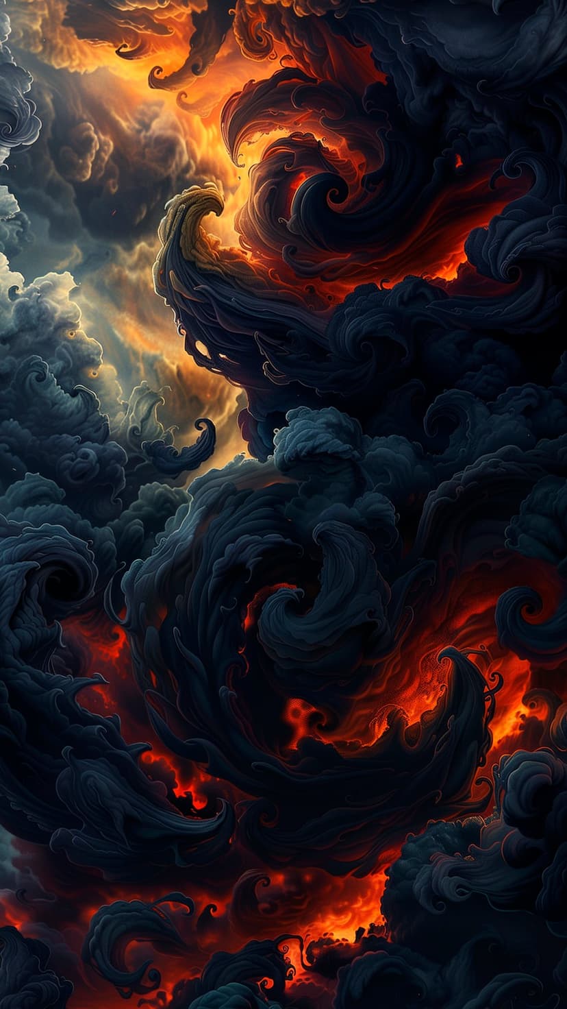 Swirling dark clouds and bright orange light merge into a central vortex with dense textures and high contrast.