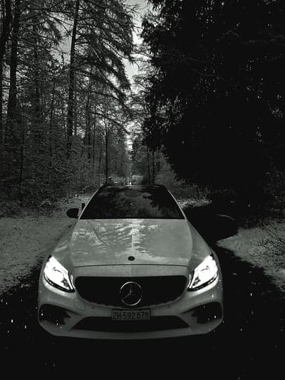 Mercedes in Snowy Forest Path