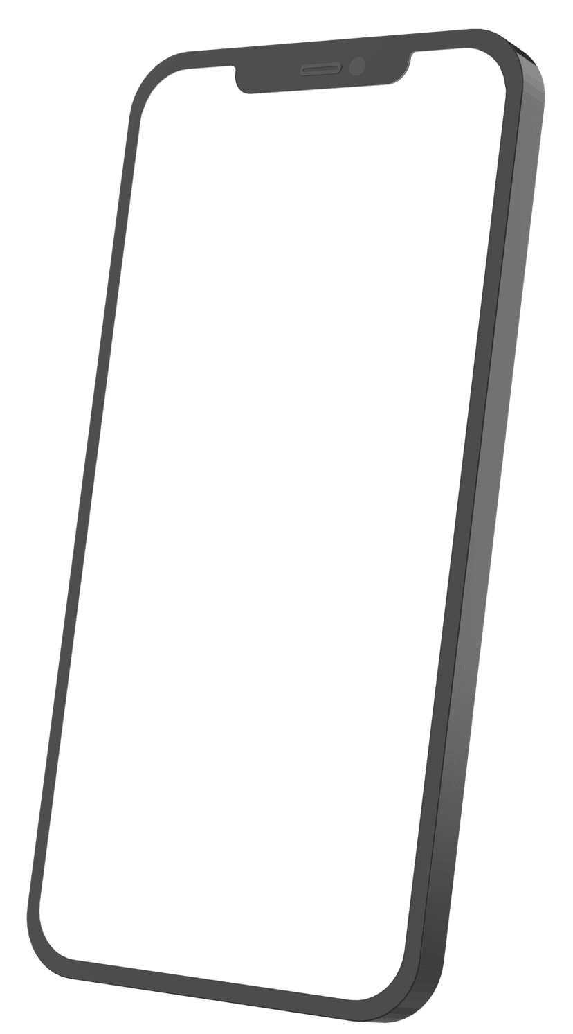 iPhone 3D mockup angled in perspective with a metallic finish and glass screen isolated on transparent background.