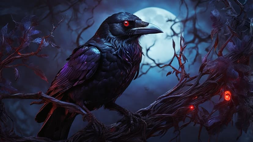 Black crow with glowing red eyes perched on a twisted branch under a bright full moon in a dark night forest.