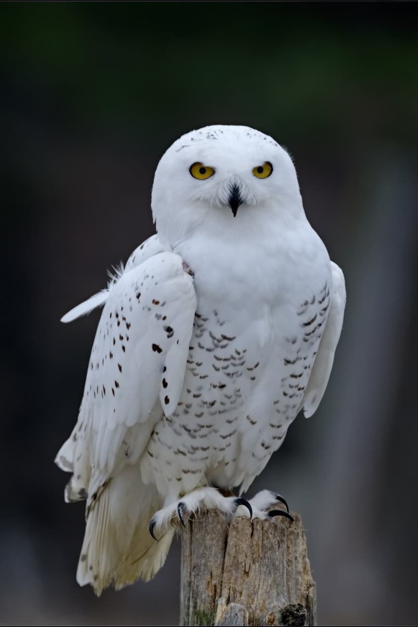 Snowy owl with yellow eyes and white speckled plumage perched on a weathered wooden post with sharp black talons.
