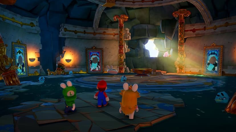 Mario and Rabbid allies walking through a sunlit circular stone chamber with golden pillars and blue water.
