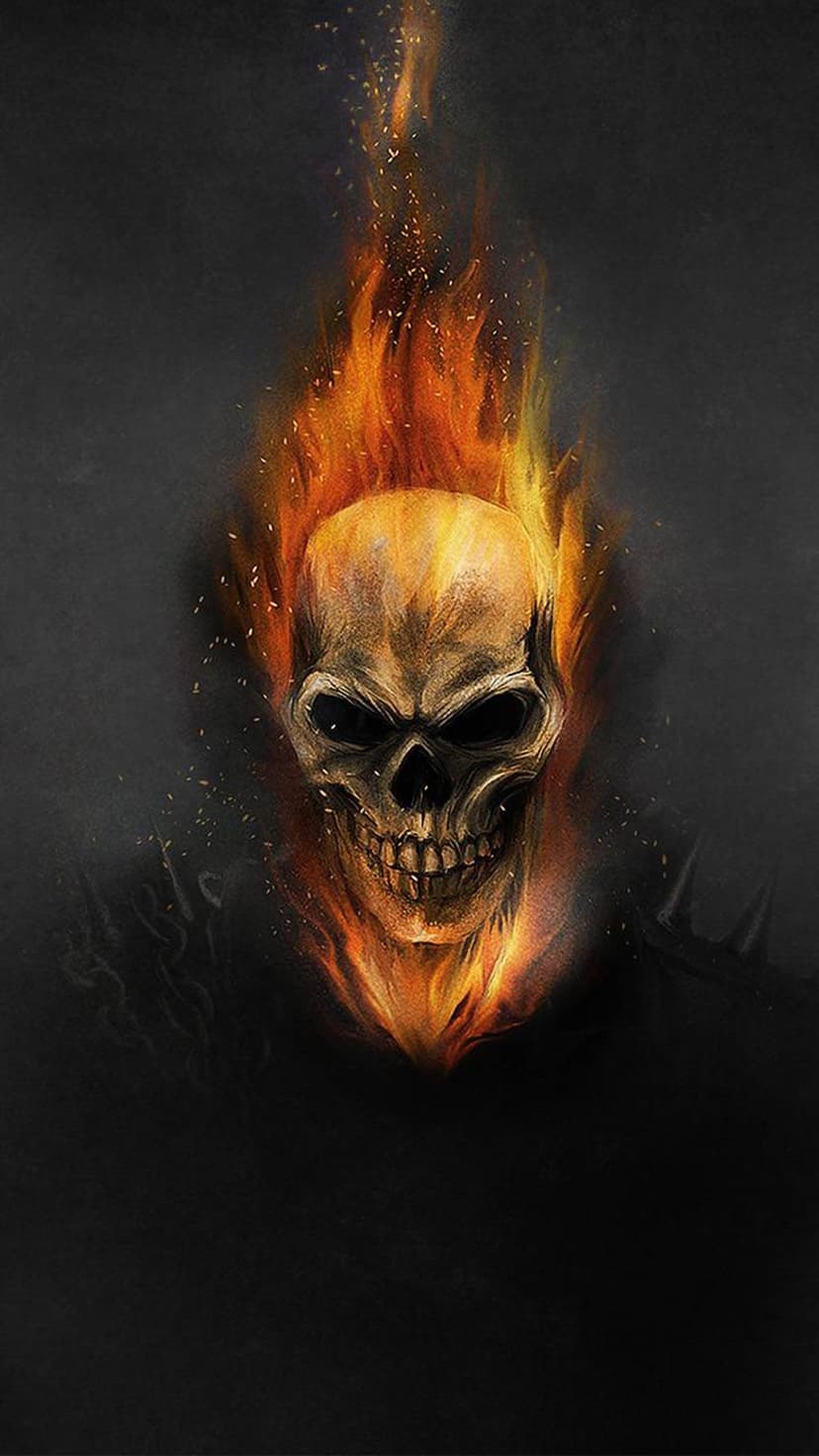 Skull engulfed in bright orange flames surrounded by thick black smoke for a vertical mobile lock screen.