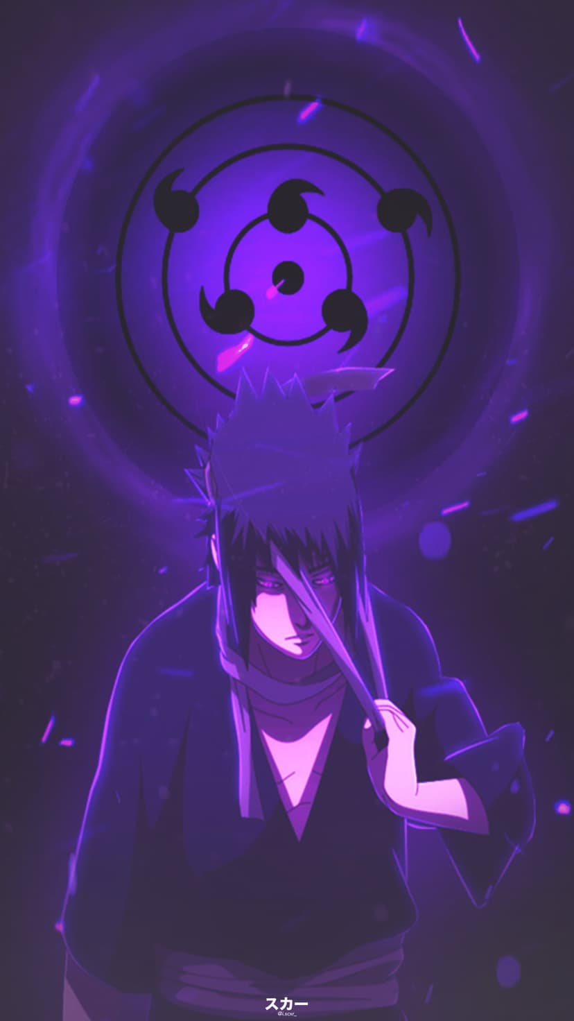 Sasuke Uchiha stares forward with a glowing purple Rinnegan eye as vibrant energy swirls in a dark atmosphere.