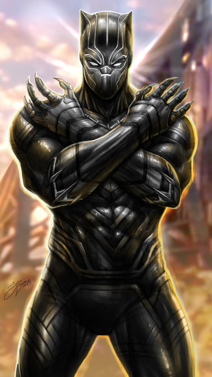 Black Panther crosses arms in a Wakanda Forever salute wearing a textured black suit with sharp silver claws.