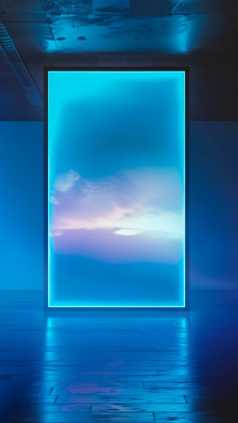 Glowing blue rectangular light panel displaying soft clouds reflects onto a dark polished wooden floor.