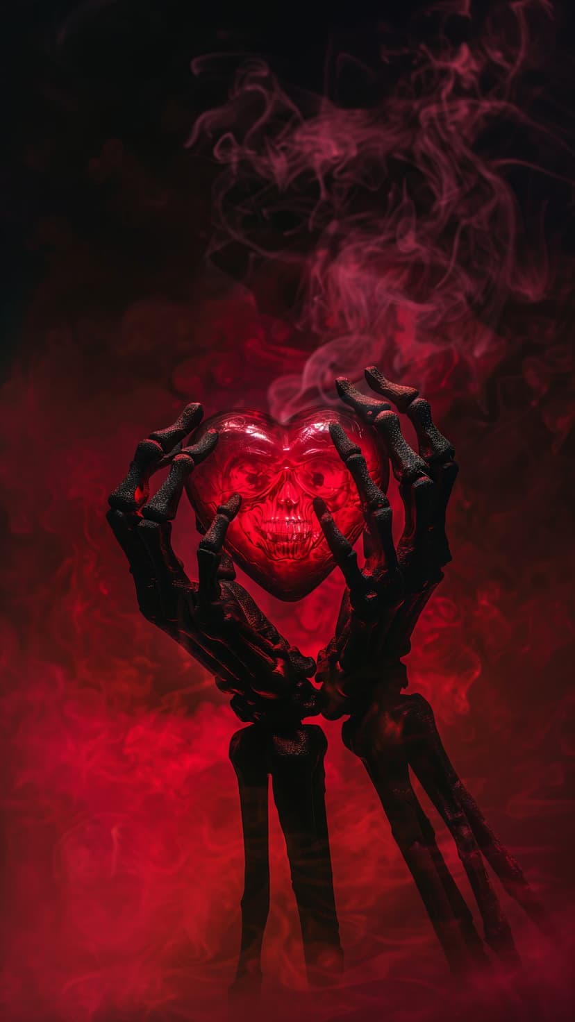 Skeletal hands hold a glowing red heart shaped like a skull surrounded by thick crimson smoke and dark shadows.