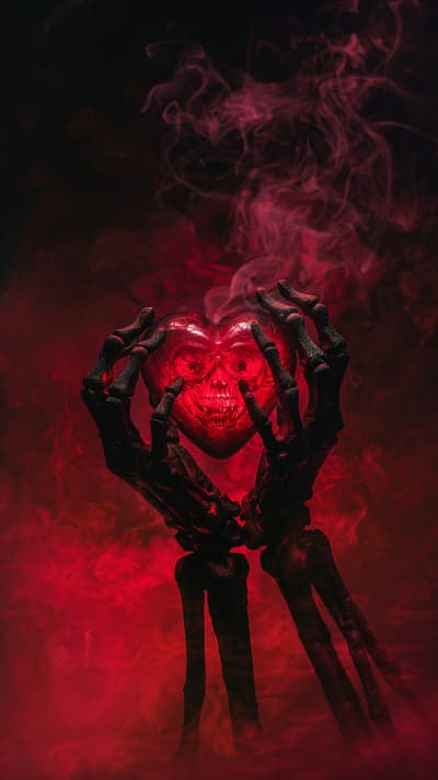 Skeleton Hands Holding Glowing Red Skull Heart