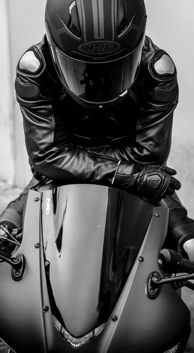 Motorcyclist in a leather racing suit and helmet leans over a sleek bike in a black and white portrait.