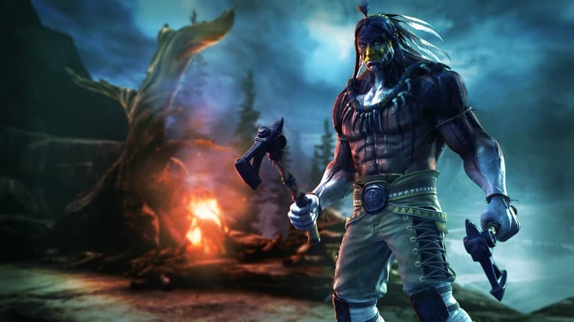 Muscular warrior with face paint holding two axes in a misty forest at night next to a glowing campfire.