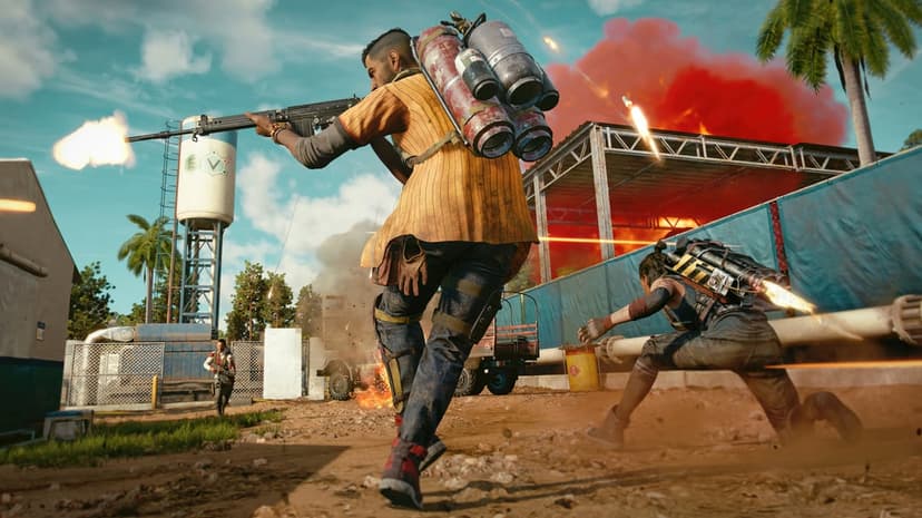 Guerrilla fighter firing a rifle near a massive explosion and rockets in a tropical outpost.