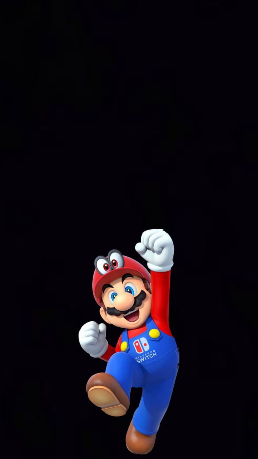 Mario jumping in red and blue overalls with a Nintendo Switch logo against a solid matte black background.