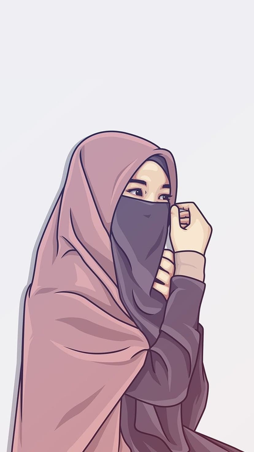 Muslim woman wearing a pink hijab and dark purple niqab with expressive eyes and hands clasped near her chin.