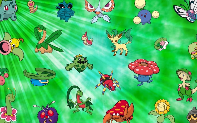 A collection of diverse Pokemon including Bulbasaur and Leafeon over a radiant textured green sunburst background.