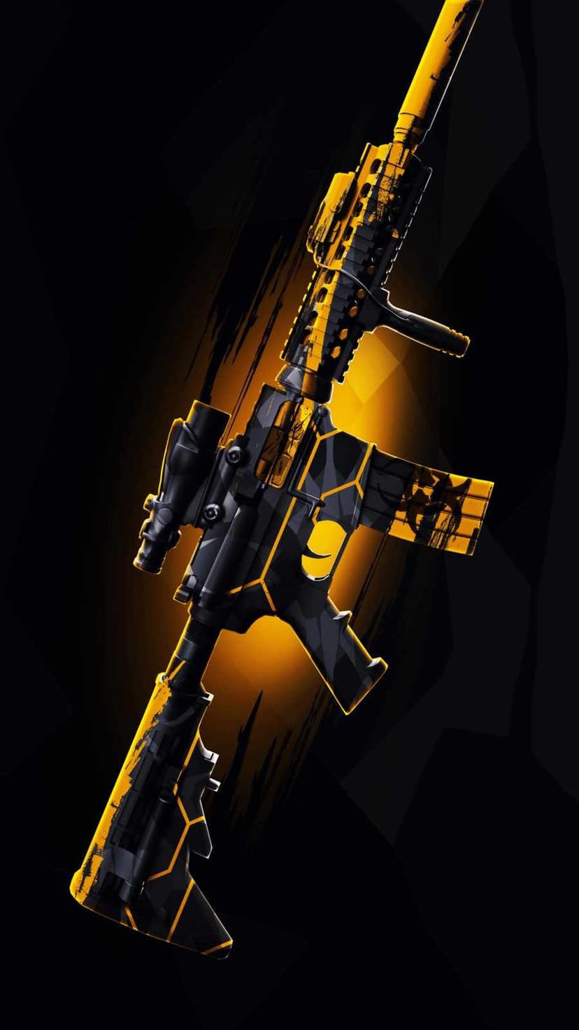 AR-15 rifle with yellow hexagonal camo and glowing optics stands out against a dark, minimalist background.