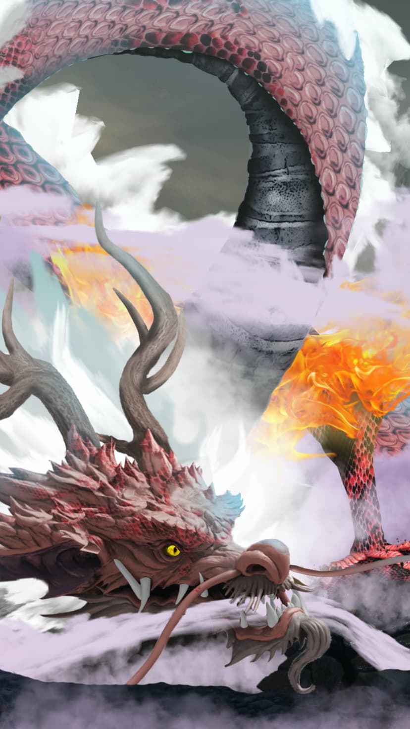 Red dragon with glowing yellow eyes emerges from orange flames and purple clouds near a rocky stone archway.