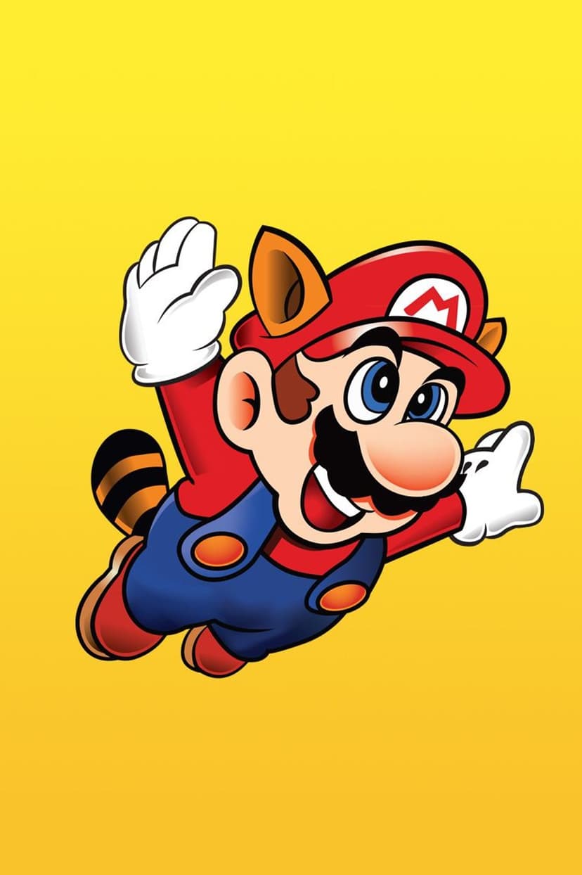 Raccoon Mario flies diagonally with arms spread, sporting a striped tail and ears against a solid yellow backdrop.