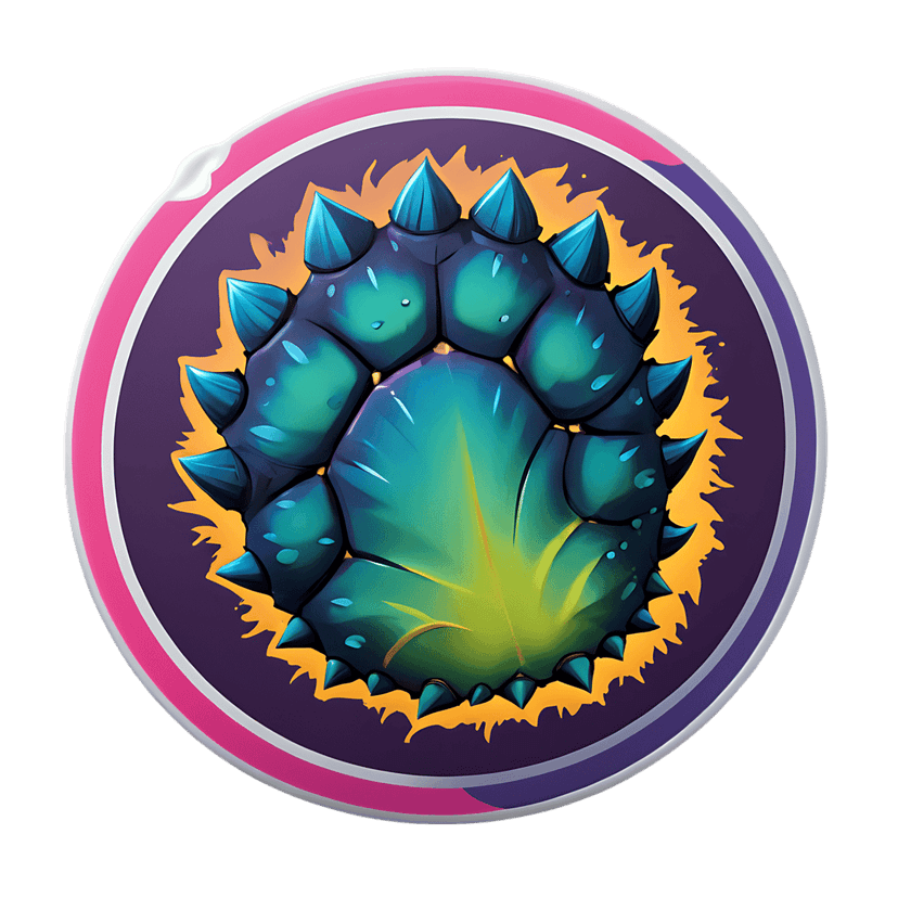 Spiky dinosaur scale sticker displays a glowing teal core and sharp turquoise ridges inside a peeled circular frame.
