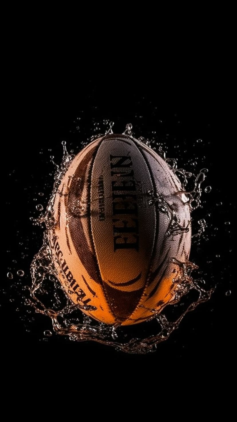 Rugby ball with orange and brown panels hitting water, creating sharp liquid splashes on a dark background.