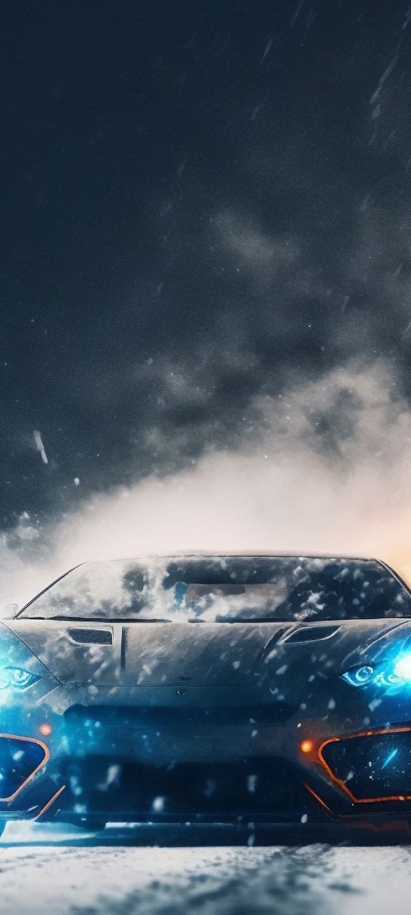 Dark sports car with blue and orange neon light accents parked in heavy falling snow during a winter night.