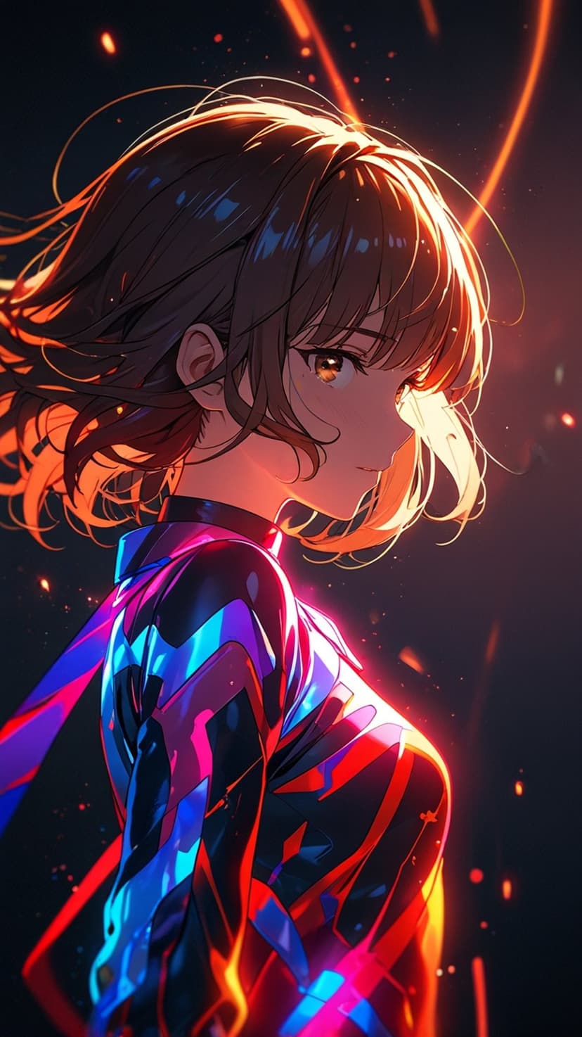 Anime girl with short brown hair wearing a glowing neon cyberpunk suit surrounded by sparks and fire.