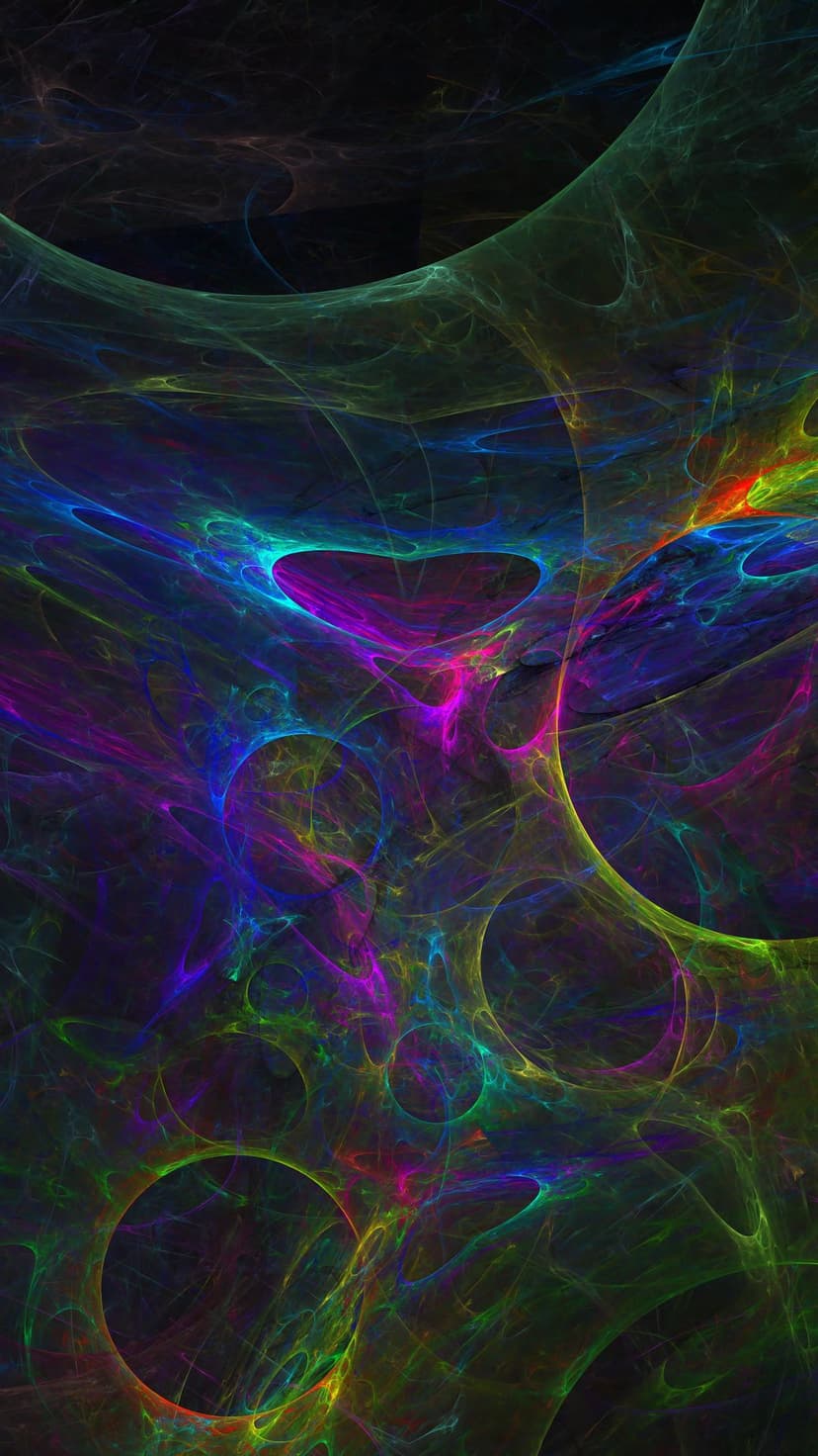 Swirling neon purple and green fractal curves form a glowing nebula pattern against a dark cosmic background.