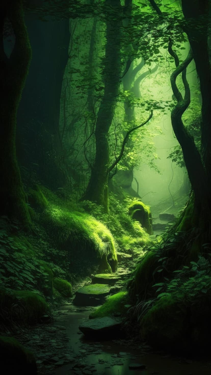 Moss-covered stone path winds into a deep forest where golden sunbeams pierce through a thick green tree canopy.