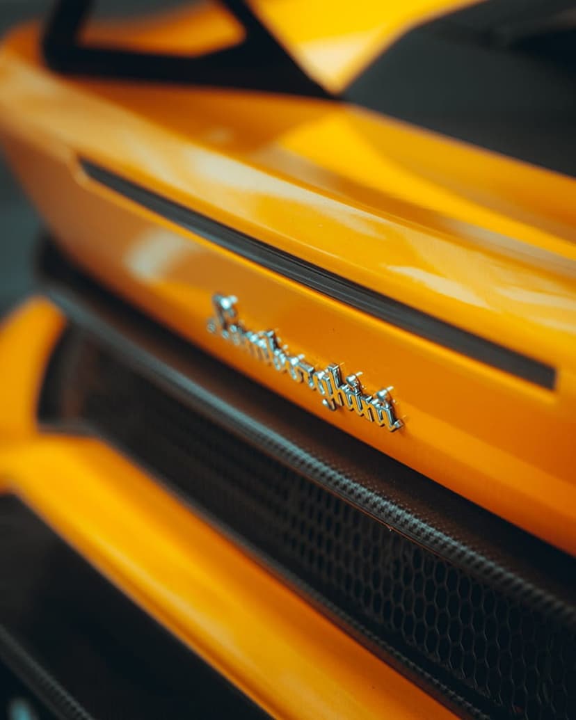 Chrome Lamborghini bull emblem mounted on a vibrant orange car panel with a dark honeycomb mesh grille texture.