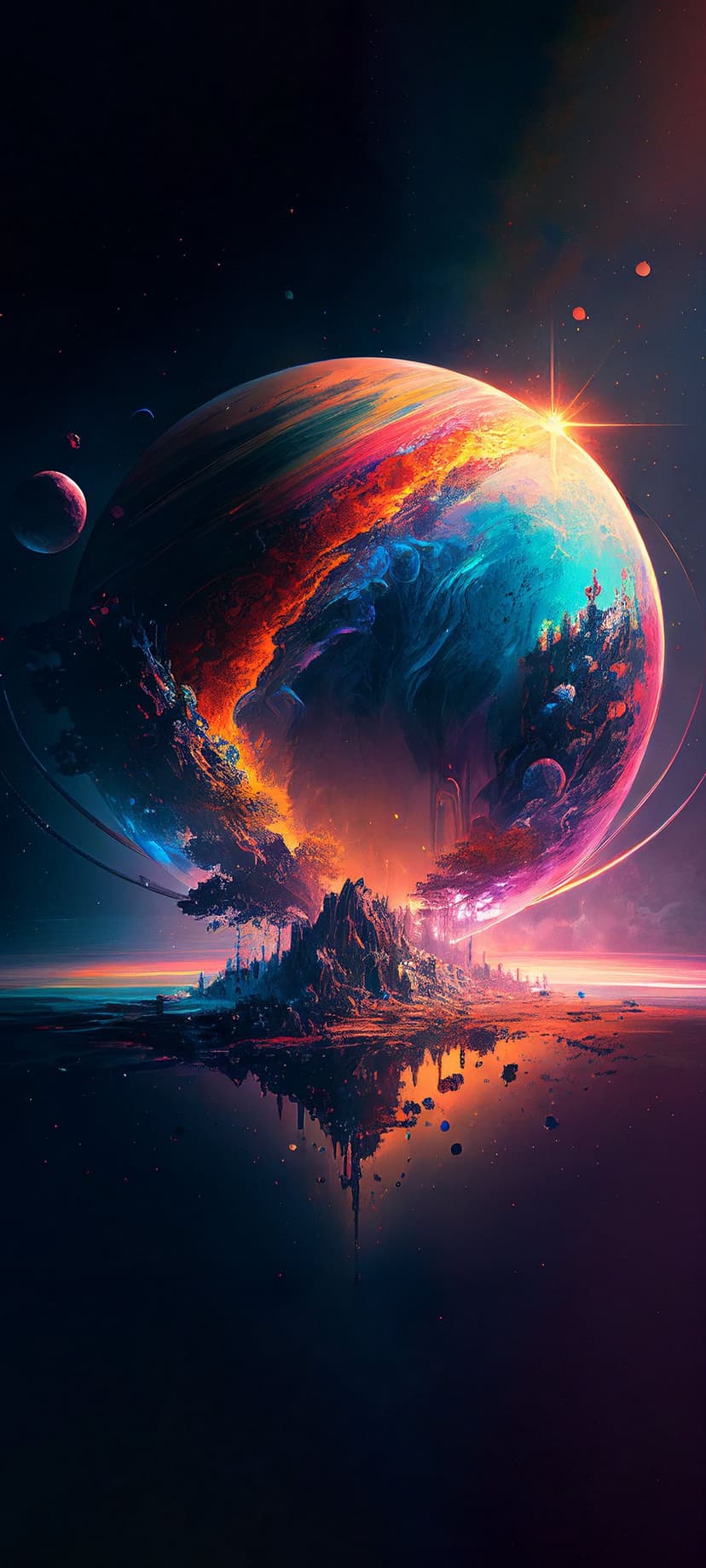 Colossal swirling planet hangs over a futuristic mountain city with glowing lights and rocky terrain reflections.