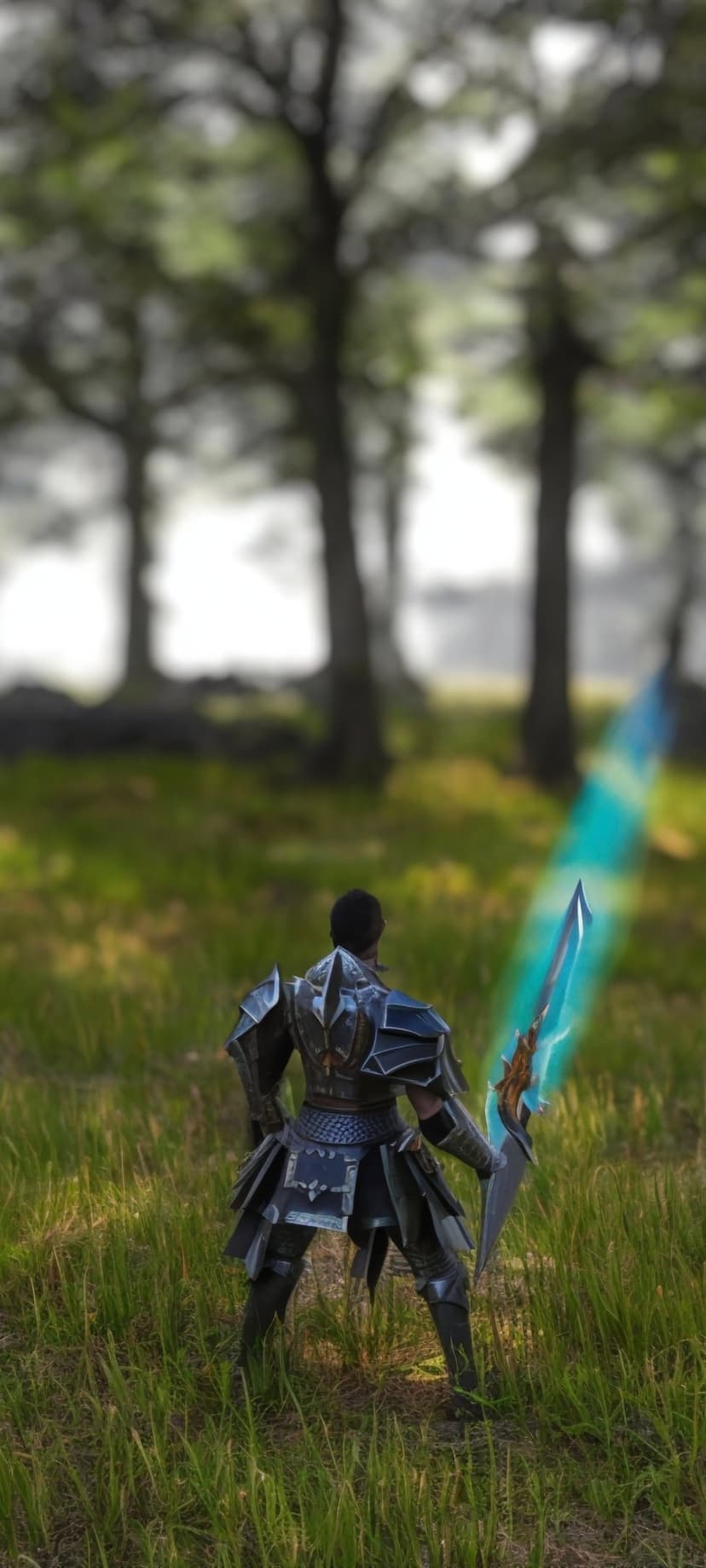Knight in ornate armor holds a glowing blue sword while standing in a sun-dappled forest with tall green grass.