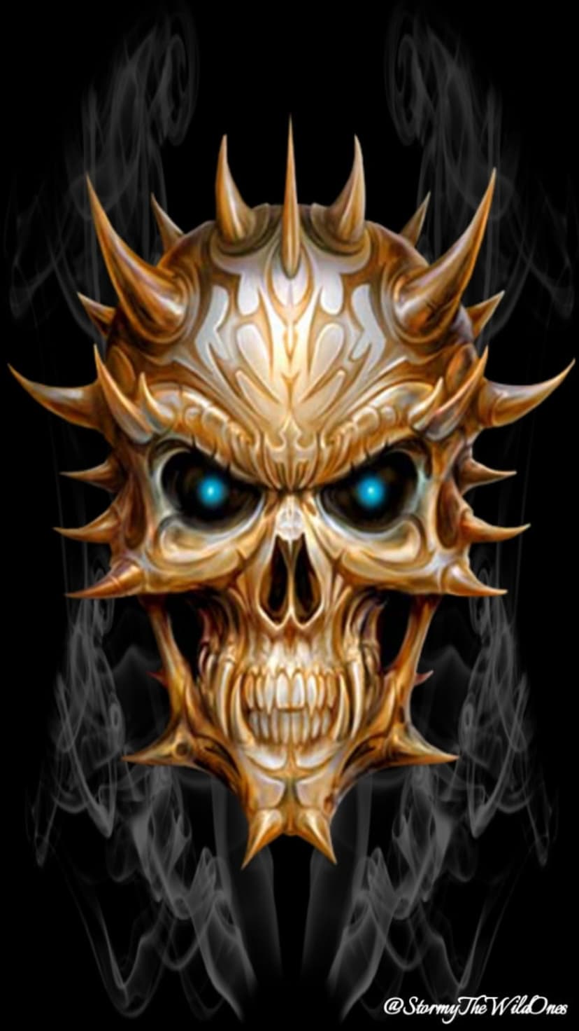 Golden horned skull featuring glowing blue eyes and jagged spikes surrounded by wisps of grey smoke on black.