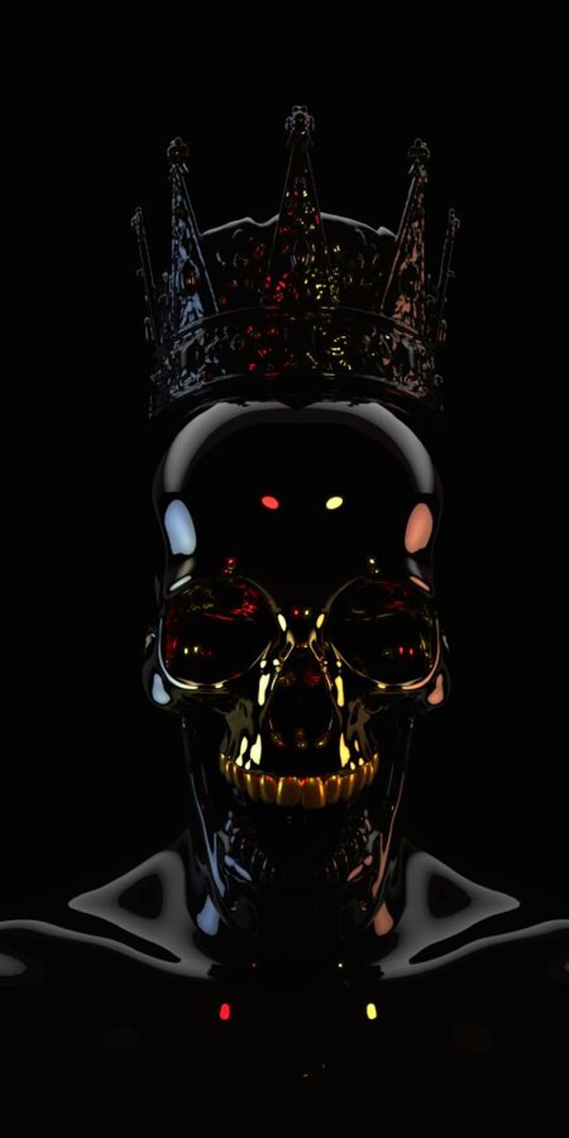 Polished black skull wearing an ornate dark crown with golden light reflecting on the teeth and eyes.