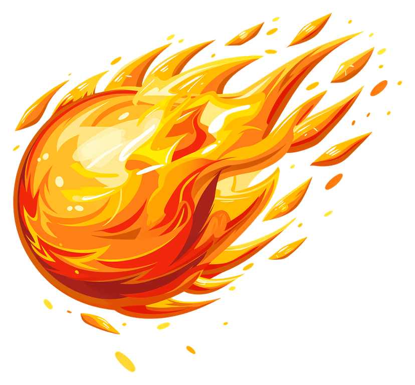 Fireball PNG with trailing flames featuring a bright orange core and yellow sparks against transparency.