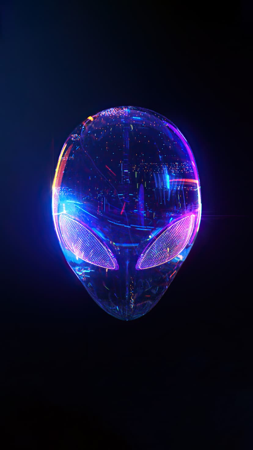 Translucent blue alien head with glowing internal circuit patterns against a dark black background in portrait.