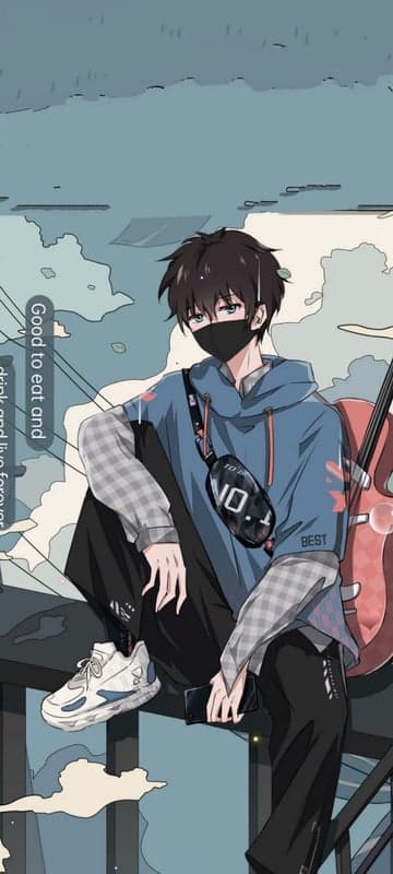 Anime boy with guitar and mask sitting on a ledge