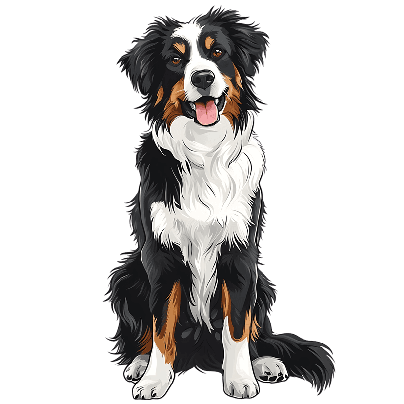 Bernese Mountain Dog illustration sitting with tongue out, featuring thick black fur and white chest markings.
