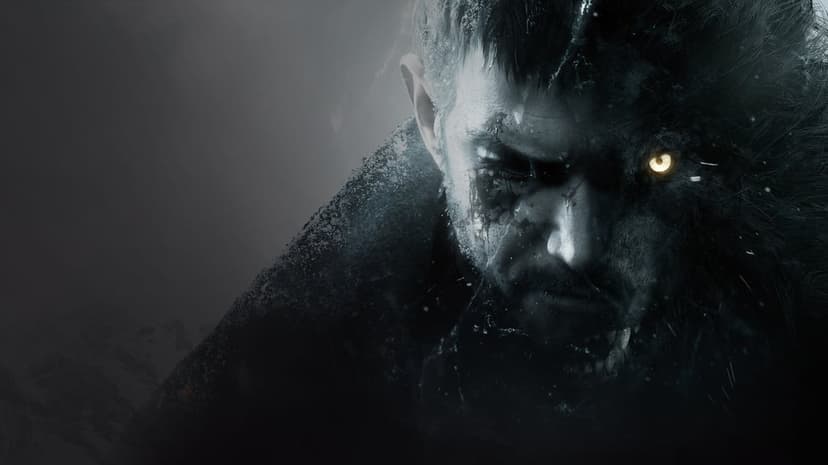 Chris Redfield's face merges with a snarling werewolf featuring a glowing yellow eye in a dark atmosphere.